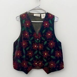 Vintage Women’s Casey & Max Black Velvet Holly Embroidered Holiday Vest Sz S